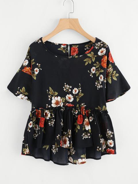 Calico Print Frill Hem Babydoll Blouse