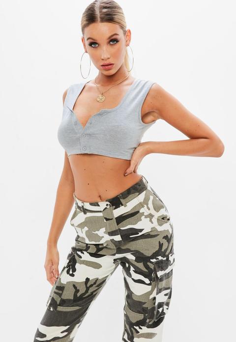 Grey Sleeveless Button Front Crop Top, Grey