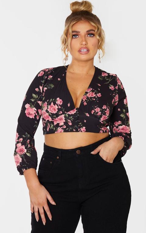 Plus Black Floral Button Front Crop Top