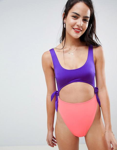 Asos Design Colour Block High Leg Swimsuit In Multi