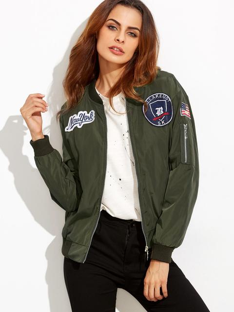 Giacca Bomber Ricamata Patch Cerniera - Verde Militare