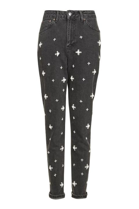 Moto Pearl Embellished Mom Jeans