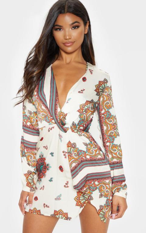 White Printed Silky Long Sleeve Wrap Dress