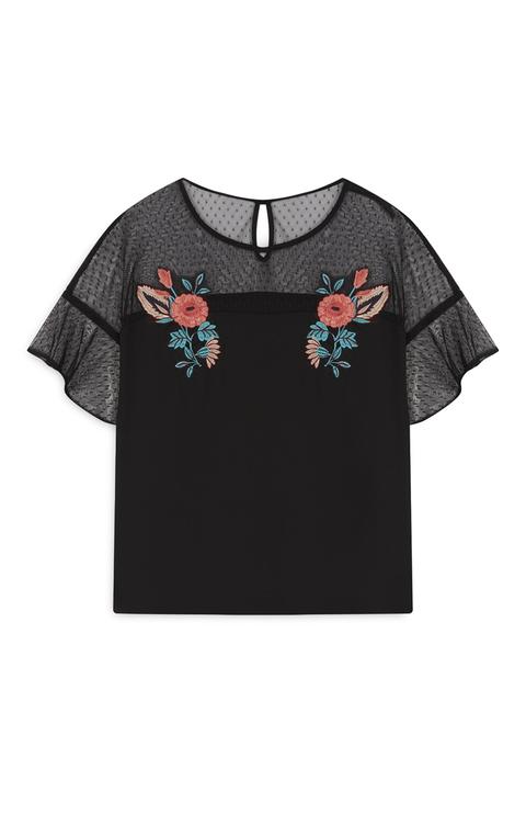 Blusa Negra Con Bordado De Flores