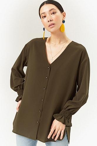 Forever 21 Ruffle Cuff Blouse Olive