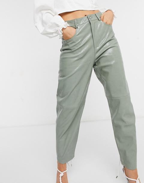 Mango Faux Leather Trousers In Green