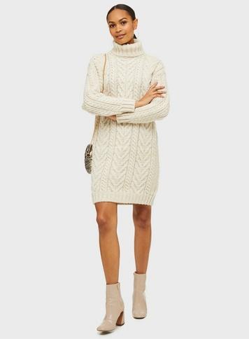 Womens Ivory Cable Roll Neck Knitted Dress, Ivory