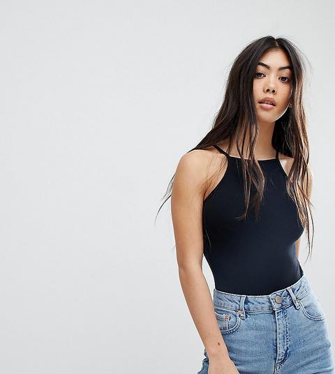 Asos Design Petite – Hochgeschlossener, Ärmelloser Body In Schwarz Mit Eckigem Ausschnitt