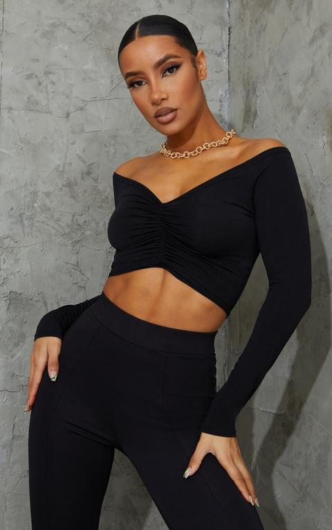 Black Slinky Ruched Front Long Sleeve Crop Top