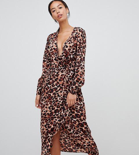 Influence Tall Leopard Print Wrap Midi Dress With Ruffle - Brown Leopard