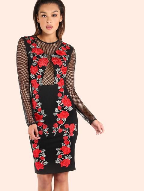 Vestito Bodycon Floreale Ricamato Maniche Nero