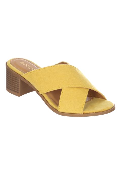 yellow block heel mules