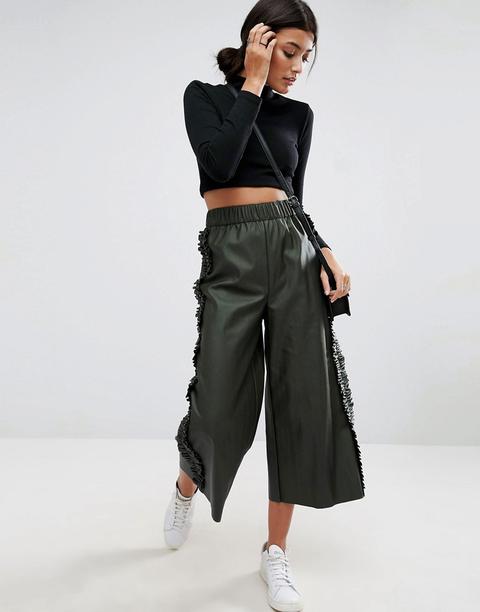 Asos - Gonna Pantalone In Pelle Sintetica Con Ruches Ai Lati - Verde