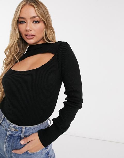 Femme Luxe Knitted Cutout Neck Detail Jumper In Black