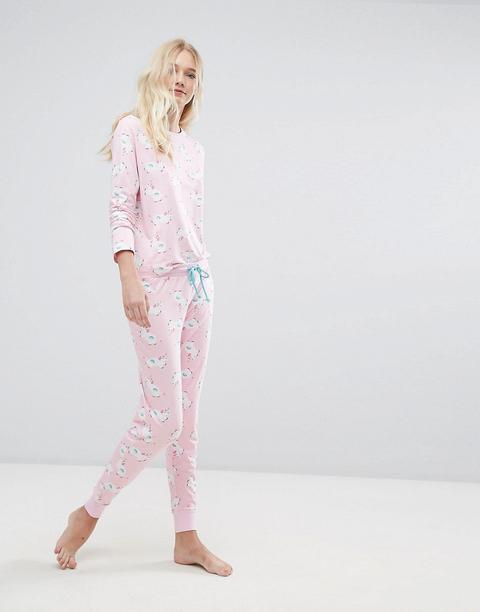 Chelsea Peers - Pigiama Lungo Con Unicorni E Arcobaleni - Rosa