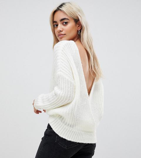 Asos Design Petite - Maglione Pesante Con Scollatura A V Sul Retro - Bianco