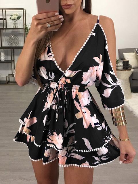 Floral Deep V Drawstring Mini Dress