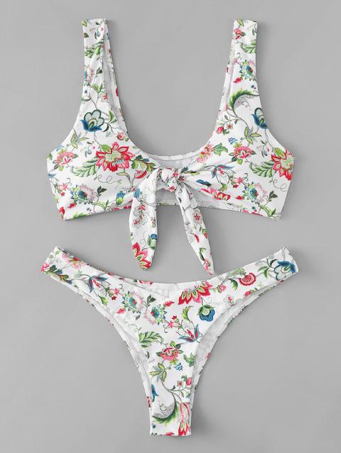 Completto Bikini Con Ricamo Floreale Con Nodo Frontale