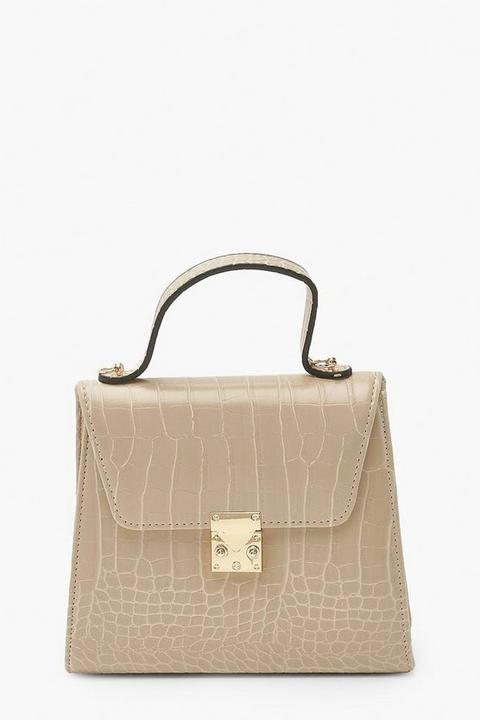 Womens Croc Structured Mini Tote Bag With Strap - Beige - One Size, Beige