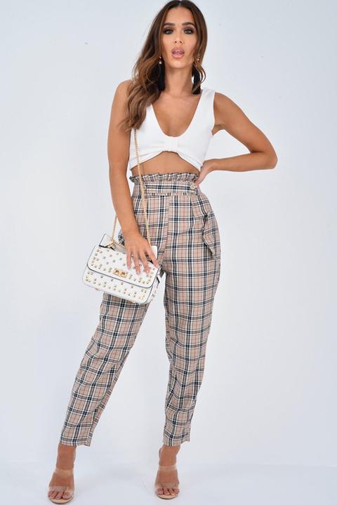 Beige Check Frill Detail Trousers 