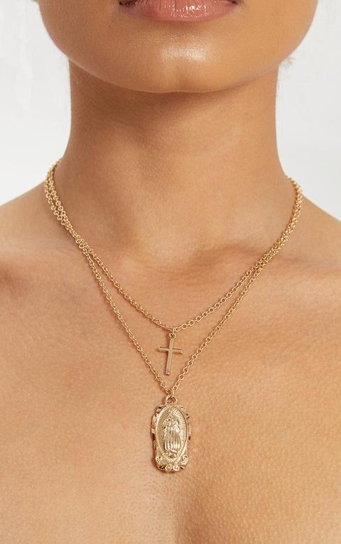 Gold Renaissance Rose Cross Double Layer Necklace