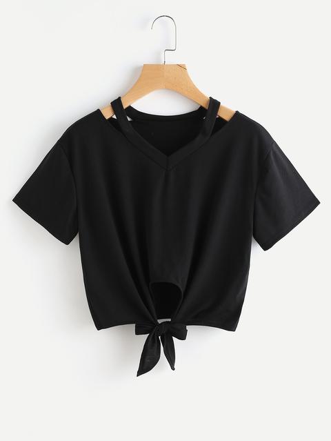 T-shirt Crop Con Scollo Cut Out E Fiocco