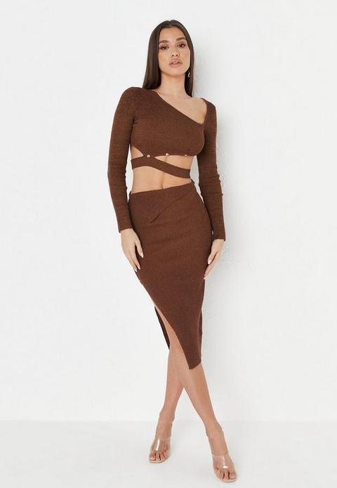 Chocolate Co Ord Rib Knit Side Split Midi Skirt, Brown