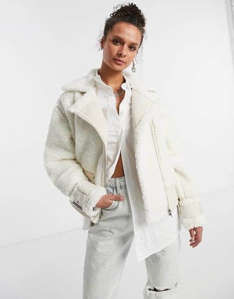 Topshop Faux Shearling Biker Jacket In Off White