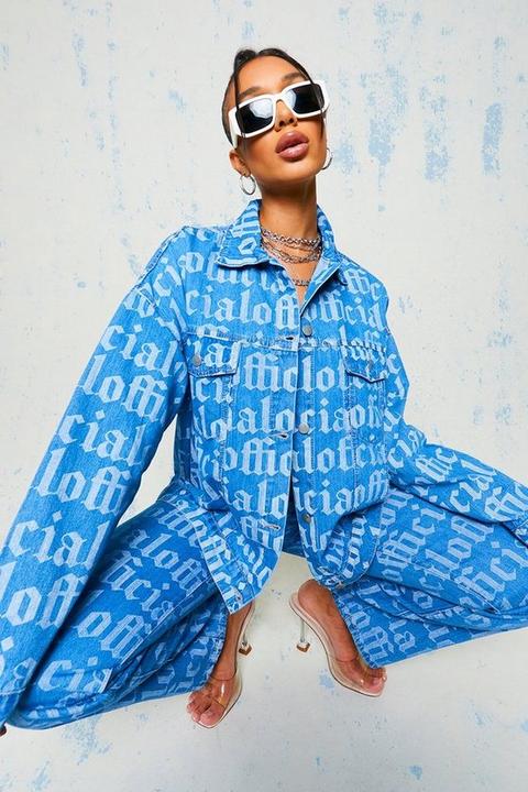 Womens Oversized Printed Denim Jacket - Blue - 12, Blue