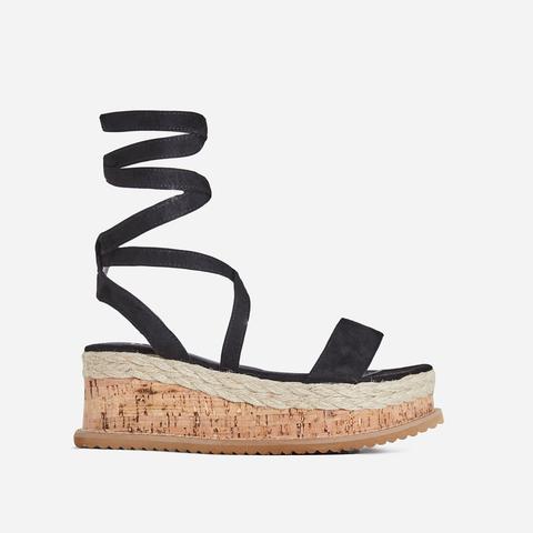 Abigail Strappy Espadrille Flatform In Black Faux Suede, Black