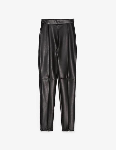 Bershka Tall high waist faux leather leggings in black | ASOS