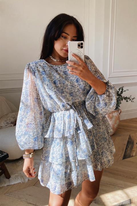 Blue Dresses - Lorna Luxe Blue 'lucia' Floral Balloon Sleeve Tiered Smock Dress