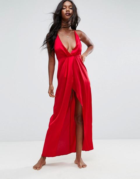 Asos - Sottoveste Lunga Da Notte In Raso Con Pieghe Laterali - Rosso