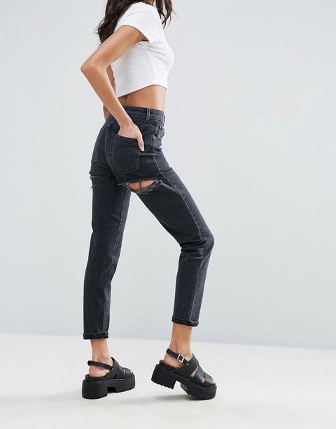 Asos Farleigh - Mom Jeans Slim A Vita Alta Neri Slavati Con Strappi Sui Glutei - Nero