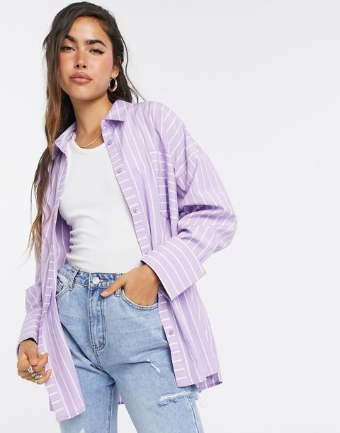 Asos Design Oversized Relaxed Cotton Dad Shirt In Lilac Stripe-multi