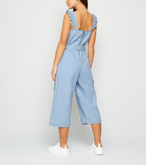 Petite Blue Denim Frill Strap Crop Jumpsuit New Look