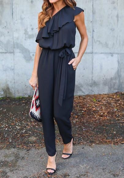 Black Plain Ruffle Asymmetric Shoulder Sleeveless Drawstring Waist Casual Long Jumpsuit