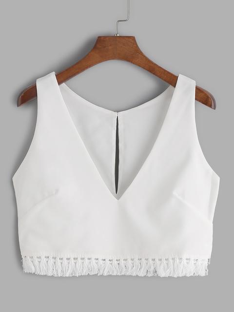 Top Corto Con Cuello En V Ribete De Flecos Blanco