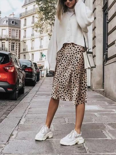 Falda Estampado De Leopardo Satinado Saliendo De Moda Casual Fiesta De Fiesta Larga Marrón