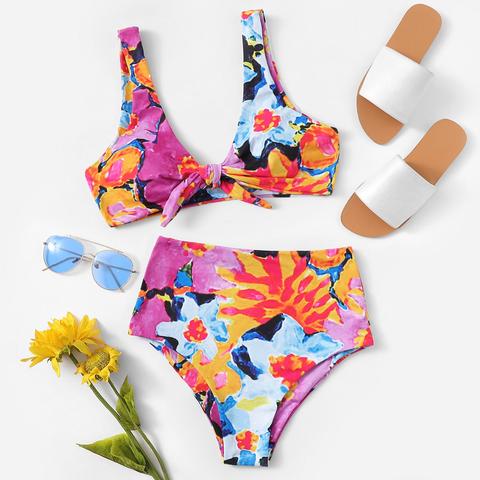 Random Floral High Waisted Bikini Swimsuit