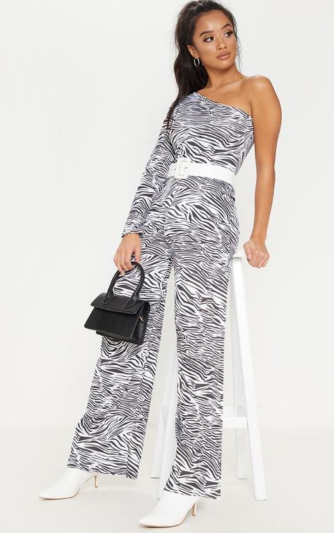 Petite White Zebra Print One Shoulder Jumpsuit