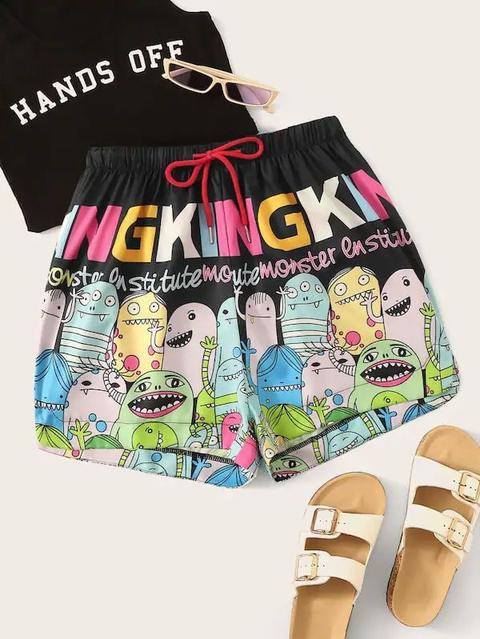 Shorts Con Coulisse In Vita E Stampa Lettera E Fumetto Taglie Forti