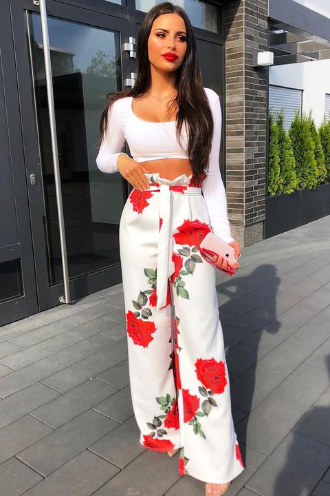 White Floral Paper Bag Tie Waist Wide Leg Trousers - Kennedy