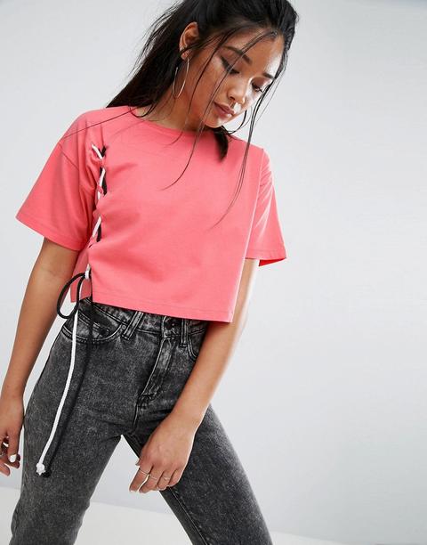 Asos - T-shirt Corta Con Stringhe A Contrasto - Rosa