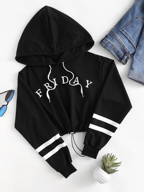 Varsity-striped Drawstring Hem Letter Print Hoodie