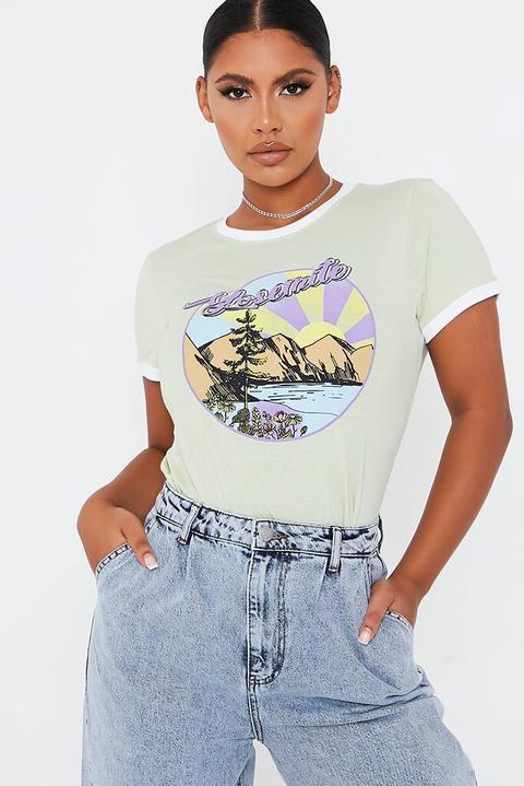 Green Graphic Contrast Binding Short Sleeve T, Green