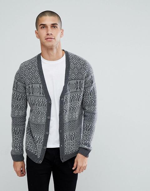 Asos - Cardigan Grigio In Lana D'agnello Con Motivo Fair Isle - Grigio