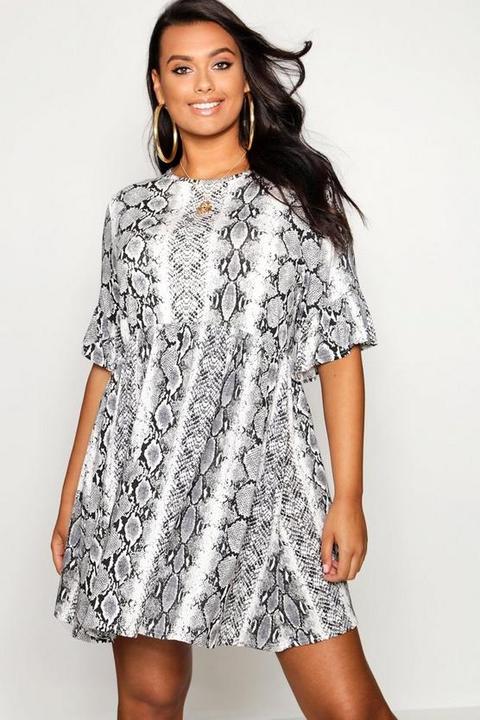 Plus Snake Print Ruffle Sleeve Smock Dress