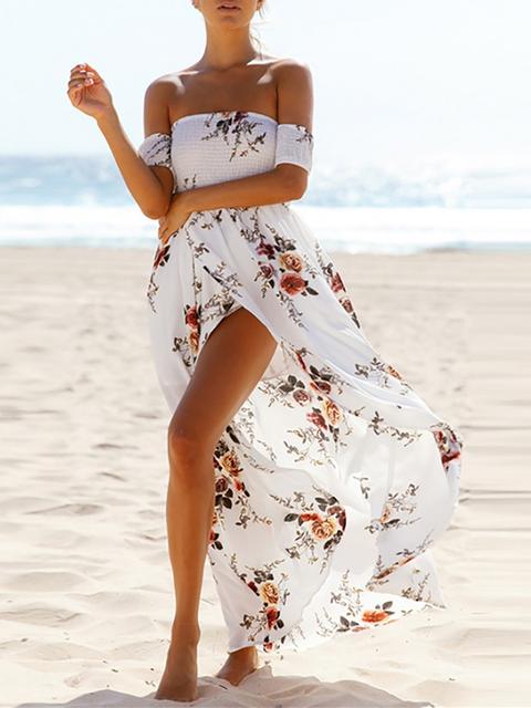 Trendy Off Shoulder Flower Print Slit Maxi Dress