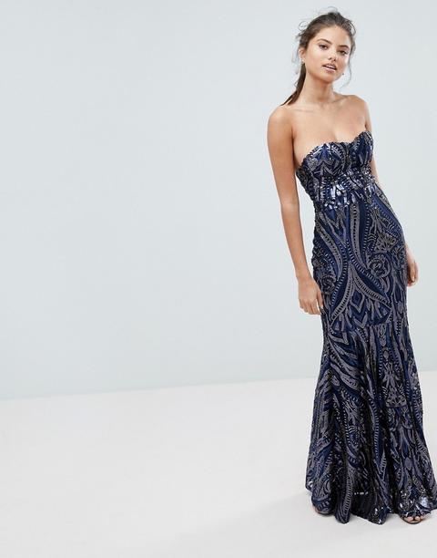 Club L - Vestito Lungo A Sirena Senza Spalline Con Decorazione Di Paillettes - Navy